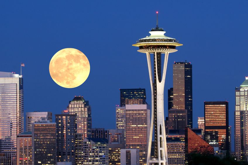 Full Moon Rising Over Seattle Washington