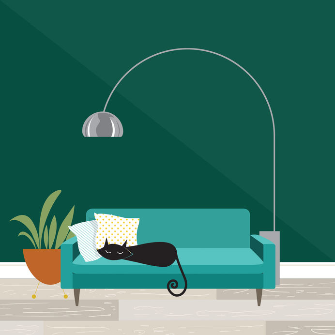 Cozy Room Scene With Sleeping Cat In Mid Century Modern Style